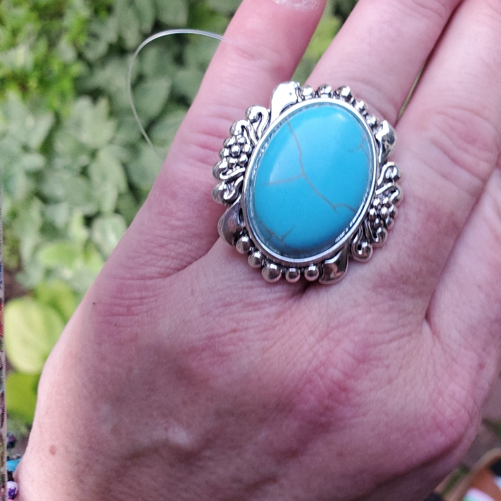 Free Spirit Boho Hippie Native People faux Turquoise beaded stone  Stretch Ring